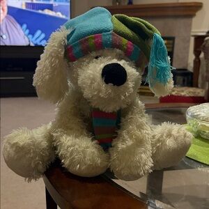 Hugfun International plush dog stuffed animal wearing a hat and scarf